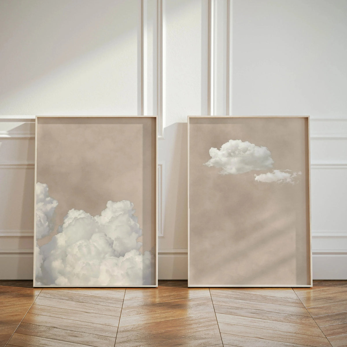 toile d'art nuages blancs minimaliste fond beige chambre salon décoration esthétique abstraite moderne