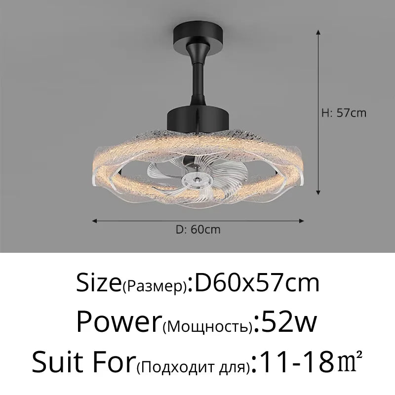 ventilateur moderne blanc noir transparent motifs décoratifs fixations crochets led télécommande