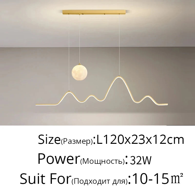 suspension moderne minimaliste luminaire vague lune forme ondulée blanc noir doré led chambre restaurant
