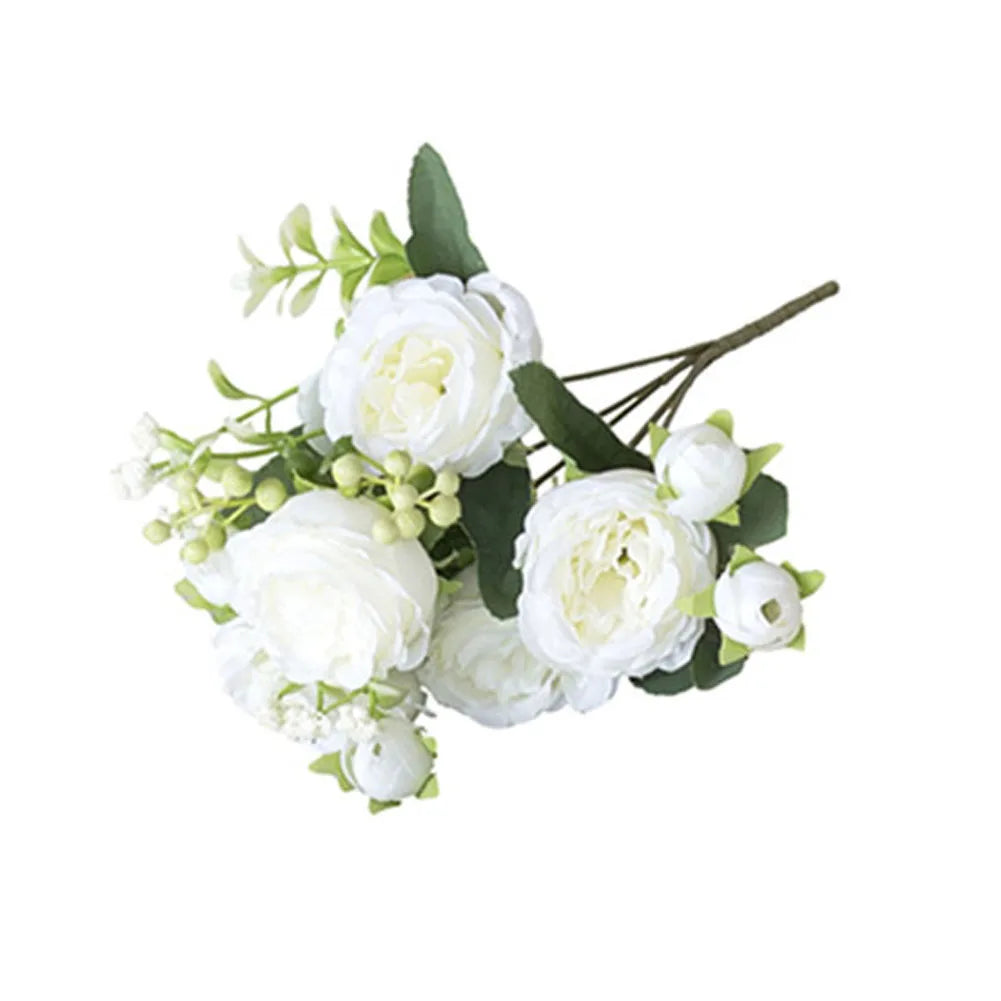 bouquet artificiel fleurs roses soie blanc decoration mariage intérieur classique feuillets verts