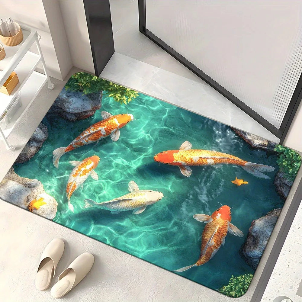 tapis moderne poissons carpes bleu blanc orange jaune gris antidérapant résistant décoloration utilisation bain