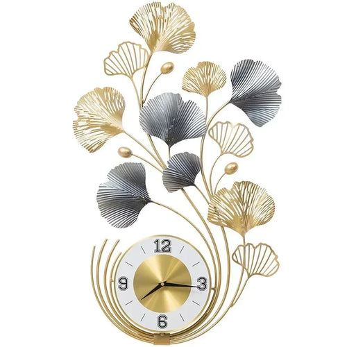 horloge murale moderne or gris feuilles stylisées cadran blanc aiguilles élégante 55cm 78cm