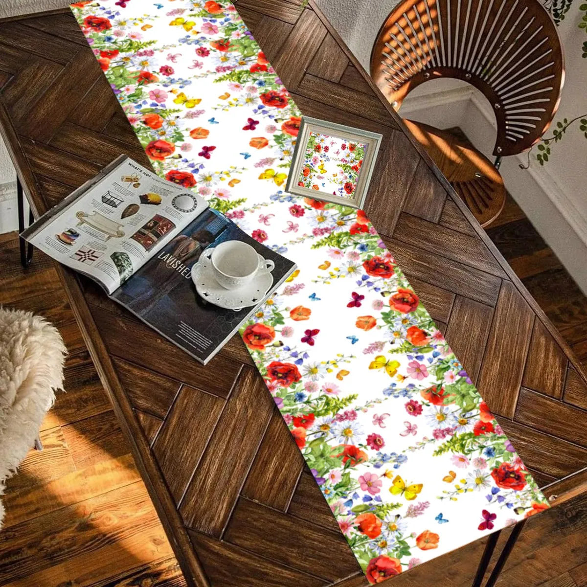 changement saisonnier printemps été chemin table fleurs colorées moderne floral polyester blanc rouge jaune