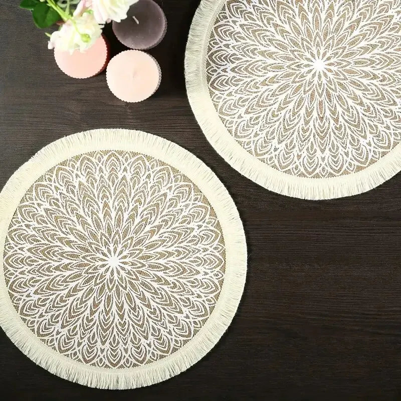 tapis rond boho chic motif floral franges beige clair salon chambre coucher moderne geometrique