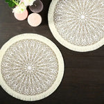 tapis rond boho chic motif floral franges beige clair salon chambre coucher moderne geometrique