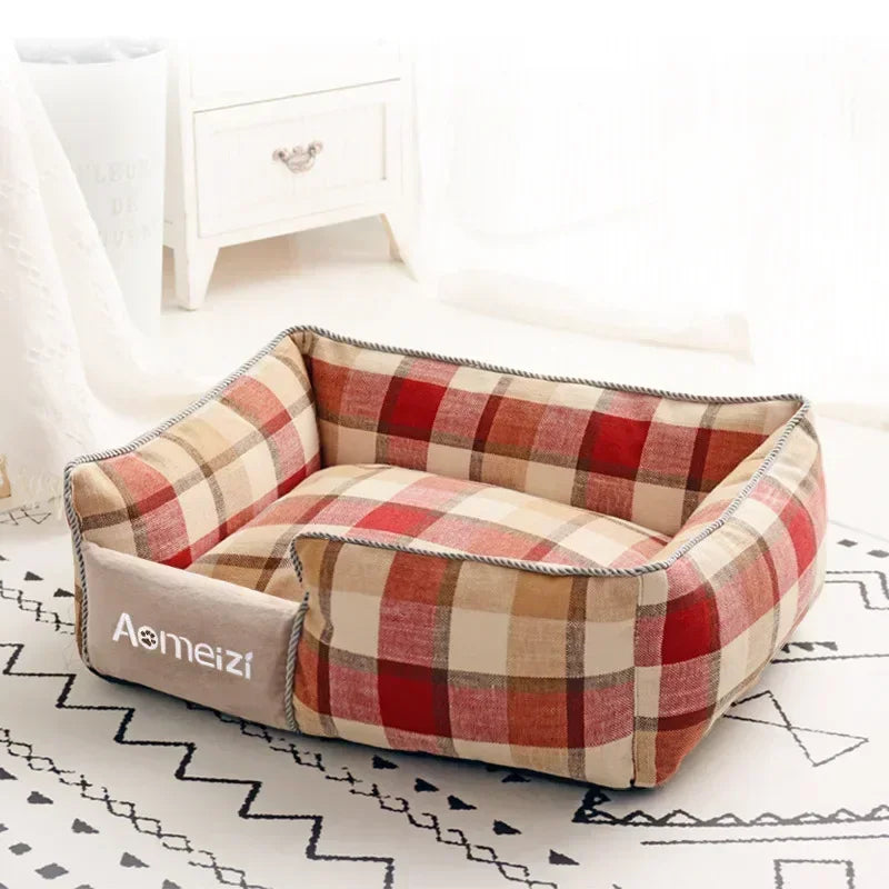 lit chien tissu doux carreaux gris blanc coussin matelas confortable amovible lavable intérieur
