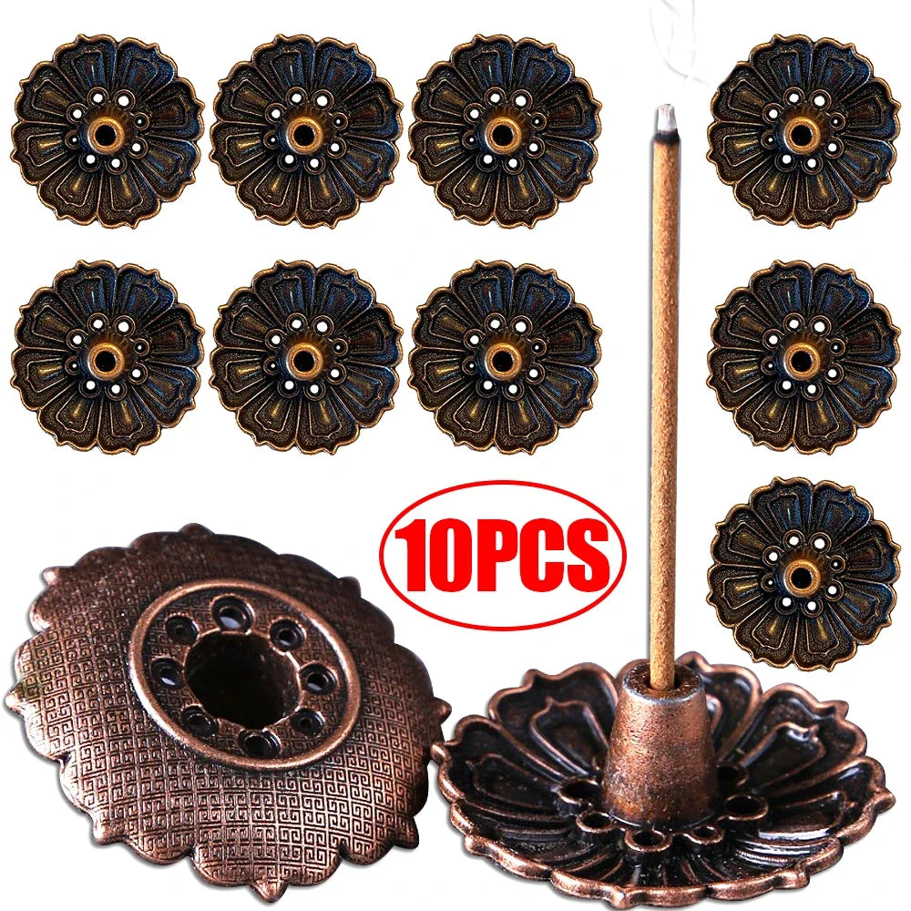 support encens fleur gravure bronze doré artisanal vintage salon yoga décoration bouddhiste