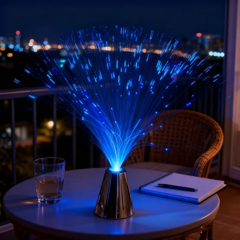 lampe fibres optiques bleu rouge violet verte moderne minimaliste base conique alimentation batterie sèche