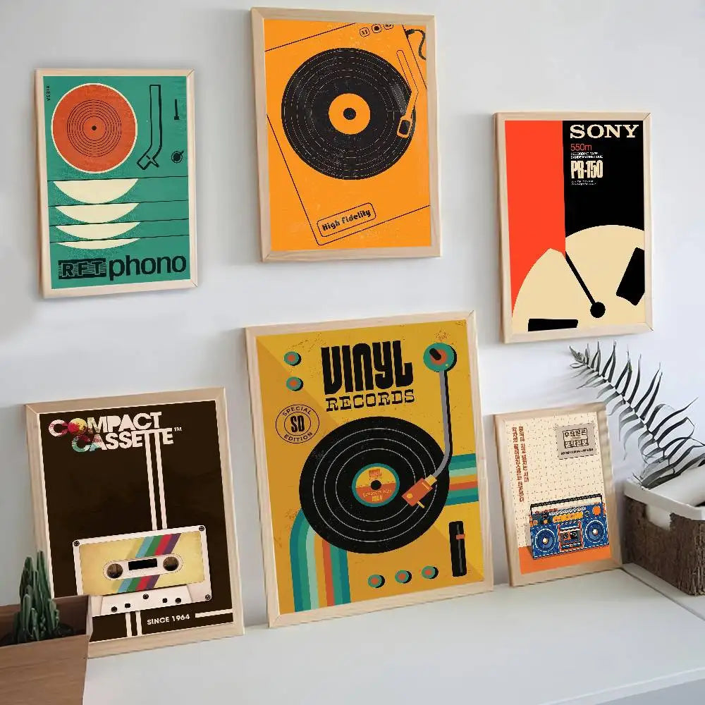 affiches murales vintage rétro disques vinyle illustration cassette audio chambre décoration noire orangée