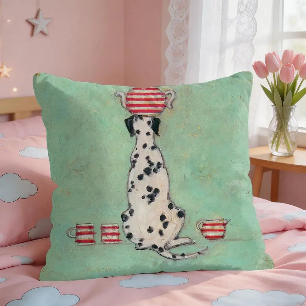 housse coussin carrée motif sorcière oiseaux cartoon polyester bleu clair gris vert zip 30x30cm