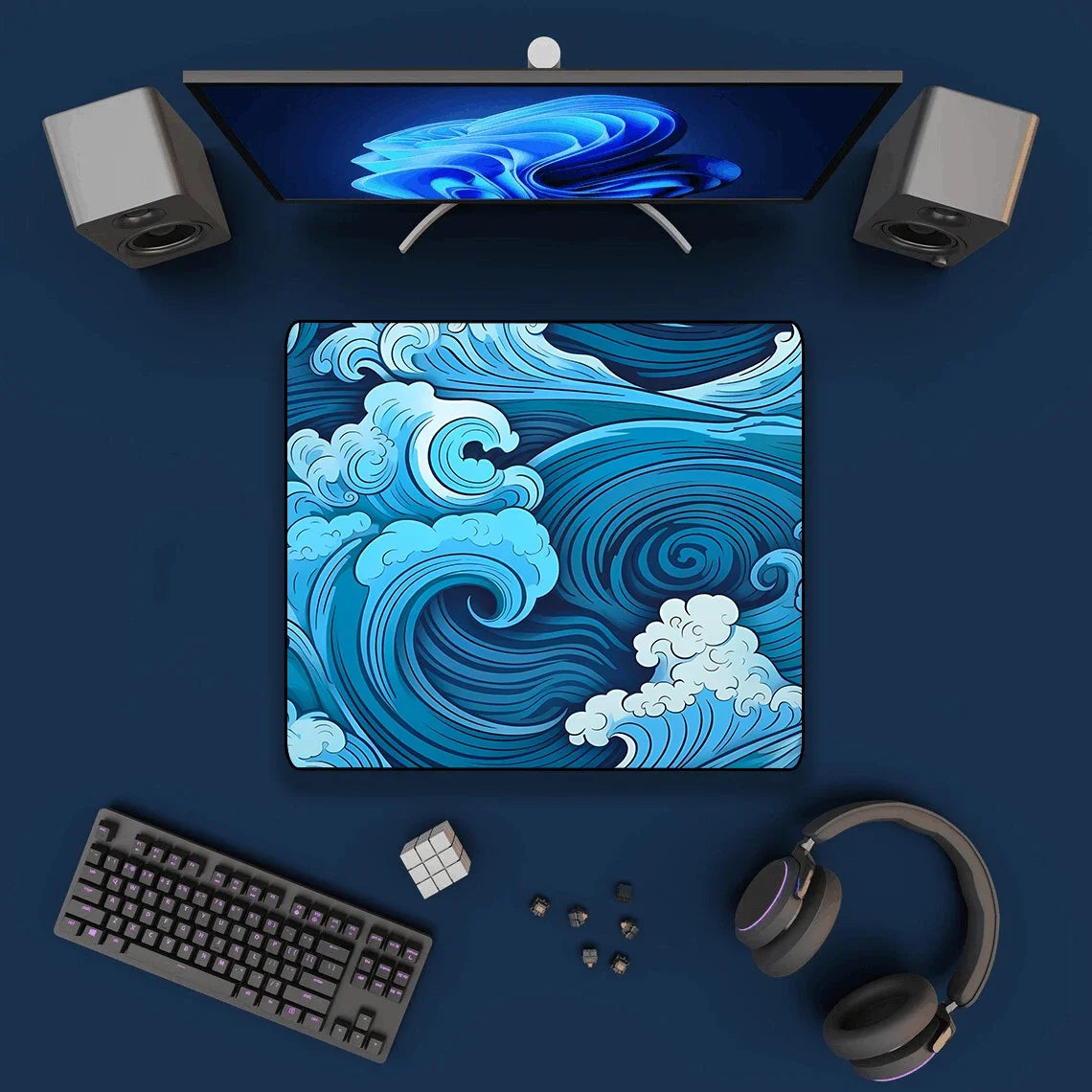 tapis souris bleu ondes marines moderne caoutchouc jeu 900x400 mm
