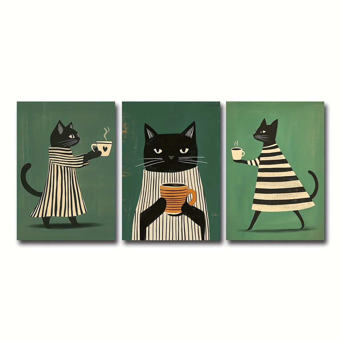 tableau impression toile chats robes rayées motifs géométriques moderne illustration verte noire