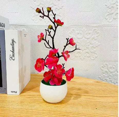 plantes artificielles branche fleurs rouge rose blanc simple feuilles pot blanc