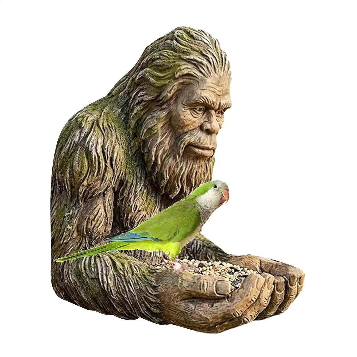 mangeoire oiseaux sculpture bigfoot résine vert marron oiseaux perroquet cardinal nature deco jardin