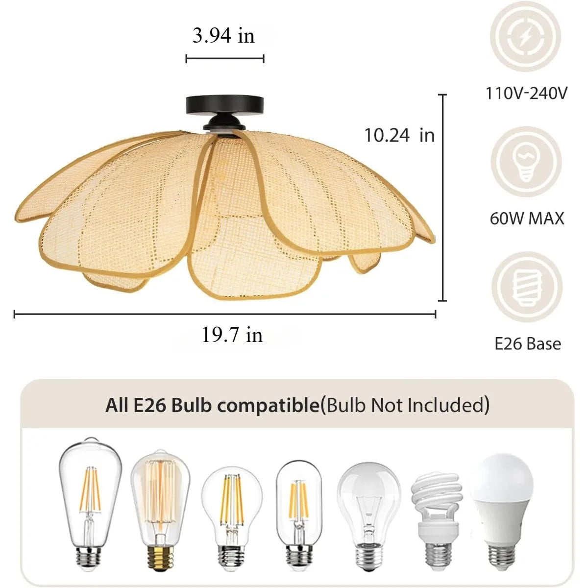 lampe suspendue moderne bambou tissé main boho couleur beige noir 50cm