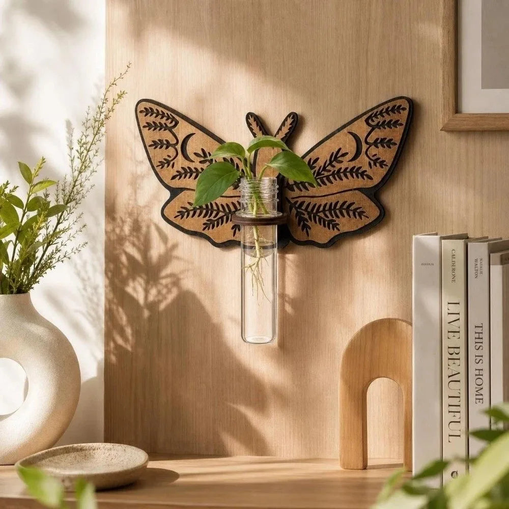 support mural boho chic plante papillon floral clips marron vert transparent