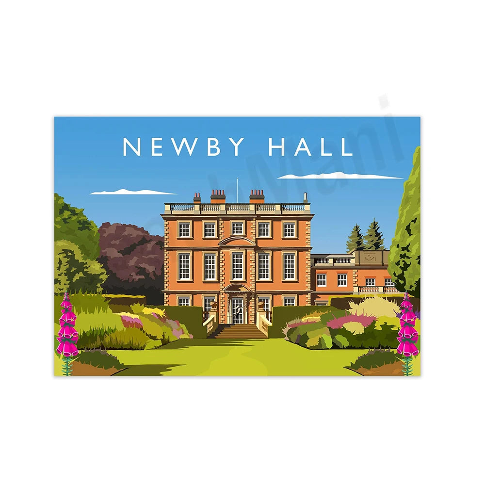 Un majestueux bâtiment dans un cadre verdoyant, représentant Newby Hall, un endroit historique et pittoresque.