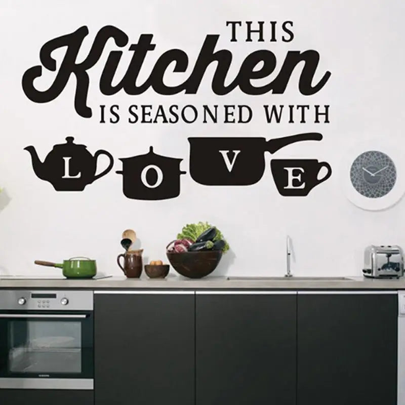 autocollants muraux décoration noirs théière casserole tasse love typographie maison restaurantscrição