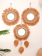miroir mural bohème macramé tressé main rond feuilles blanches suspenduintérieur decoration tendance vintage franges
