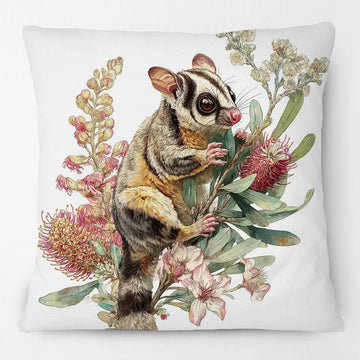 coussin décoratif carré motif opossum fleurs artistiques tissu polyester blanc beige vert rose jaune