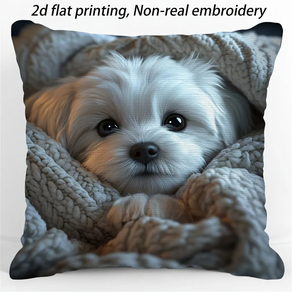 coussin imprimé chien blanc moderne fermeture éclair invisible polyester intérieur decoration sofa car voiture