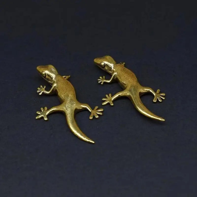 statuettes gecko dorées decoratives miniature animaux antique métal texturé brillant deux pièces