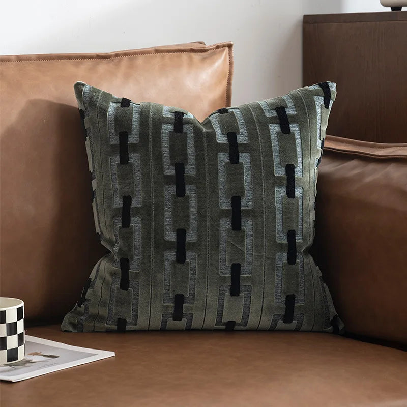housse coussin velours géométrique ivory coffee vert gris moderne 45x45cm decoration salon chambre