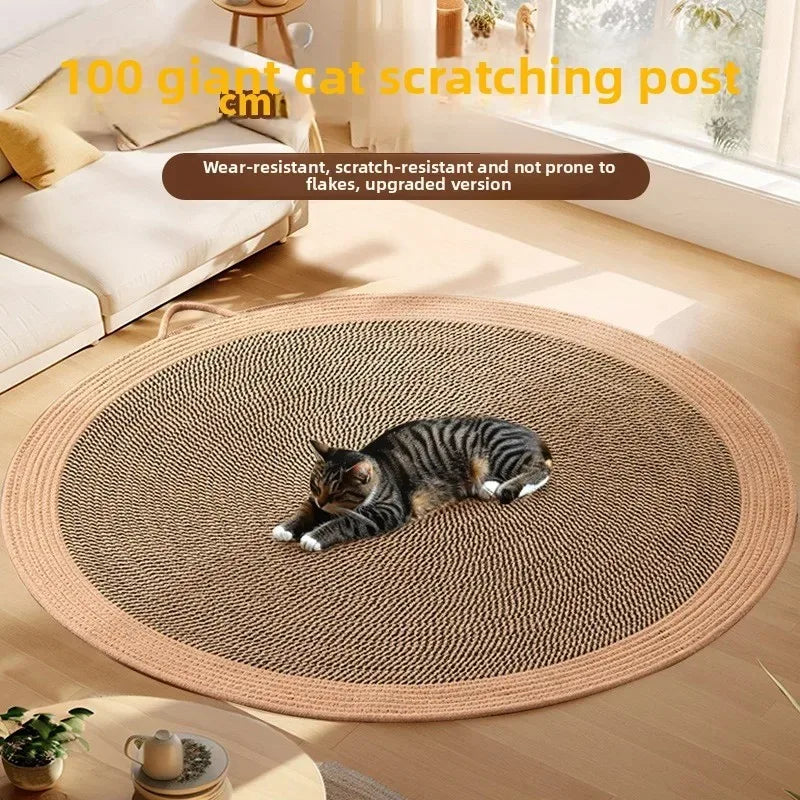 tapis chat griffoir texture ondulée bordure tressée marron beige bleu jaune moderne salon chambre