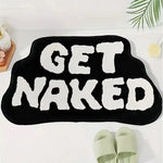 tapis bain antidérapant lettres GET NAKED peluche moderne noir gris rose