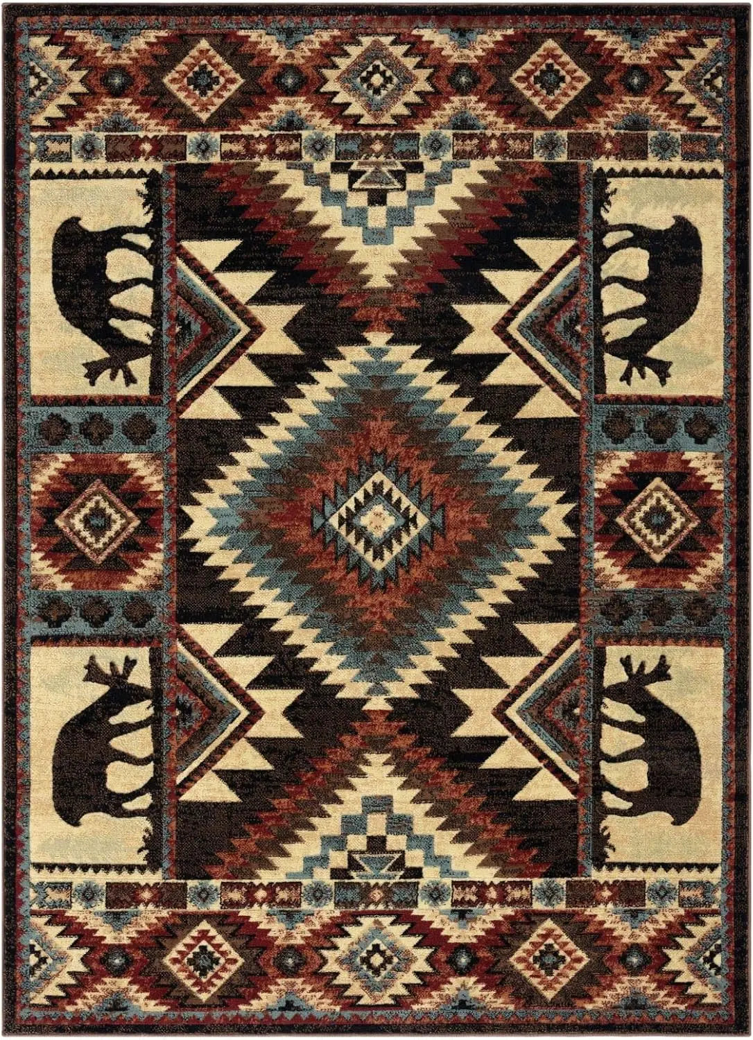 tapis rouge noir beige bleu marron motifs géométriques animaux texture douce rustique ethnique salon