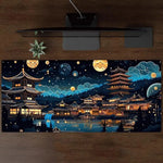 tapis souris noir illustration pagodes japonaises nuit caoutchouc antiderapant jeu numérique
