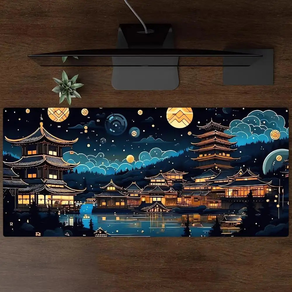 tapis souris noir illustration pagodes japonaises nuit caoutchouc antiderapant jeu numérique
