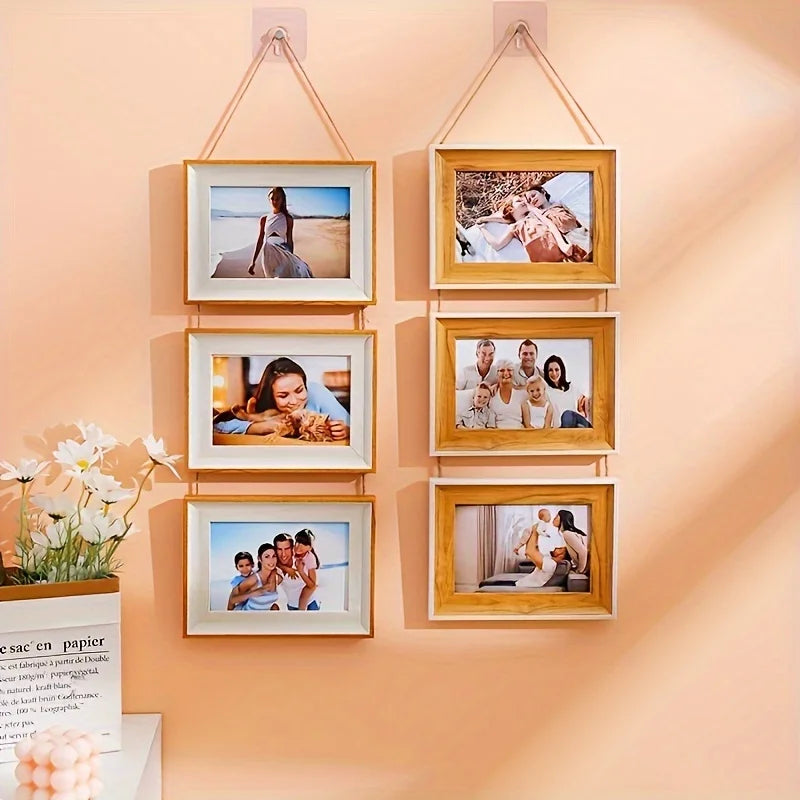cadres photo suspendus ensemble decoratif rustique familial beige clair blanc texturé