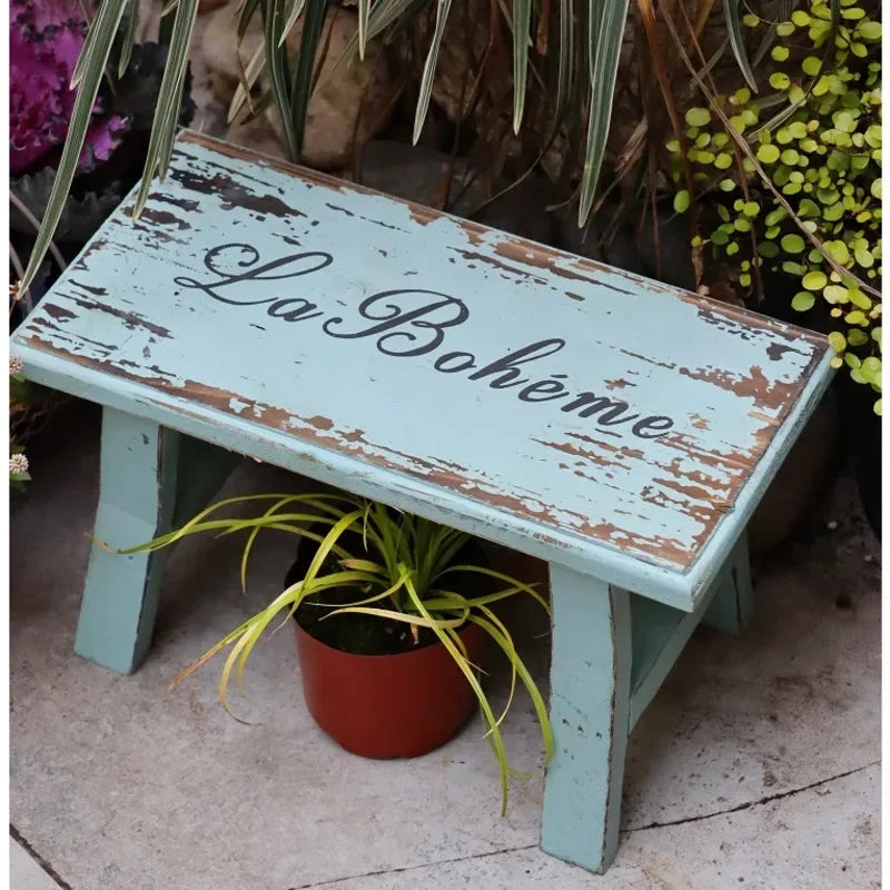 support bois rustique étagère fleurs plante stand shabby chic decoratif vieux bleu blanc marbré