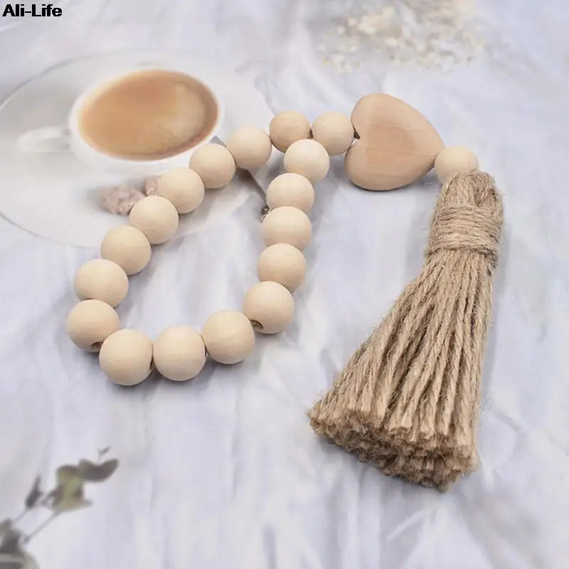 bracelet boho bois blanc coeur pompon corde rustique décoration maison