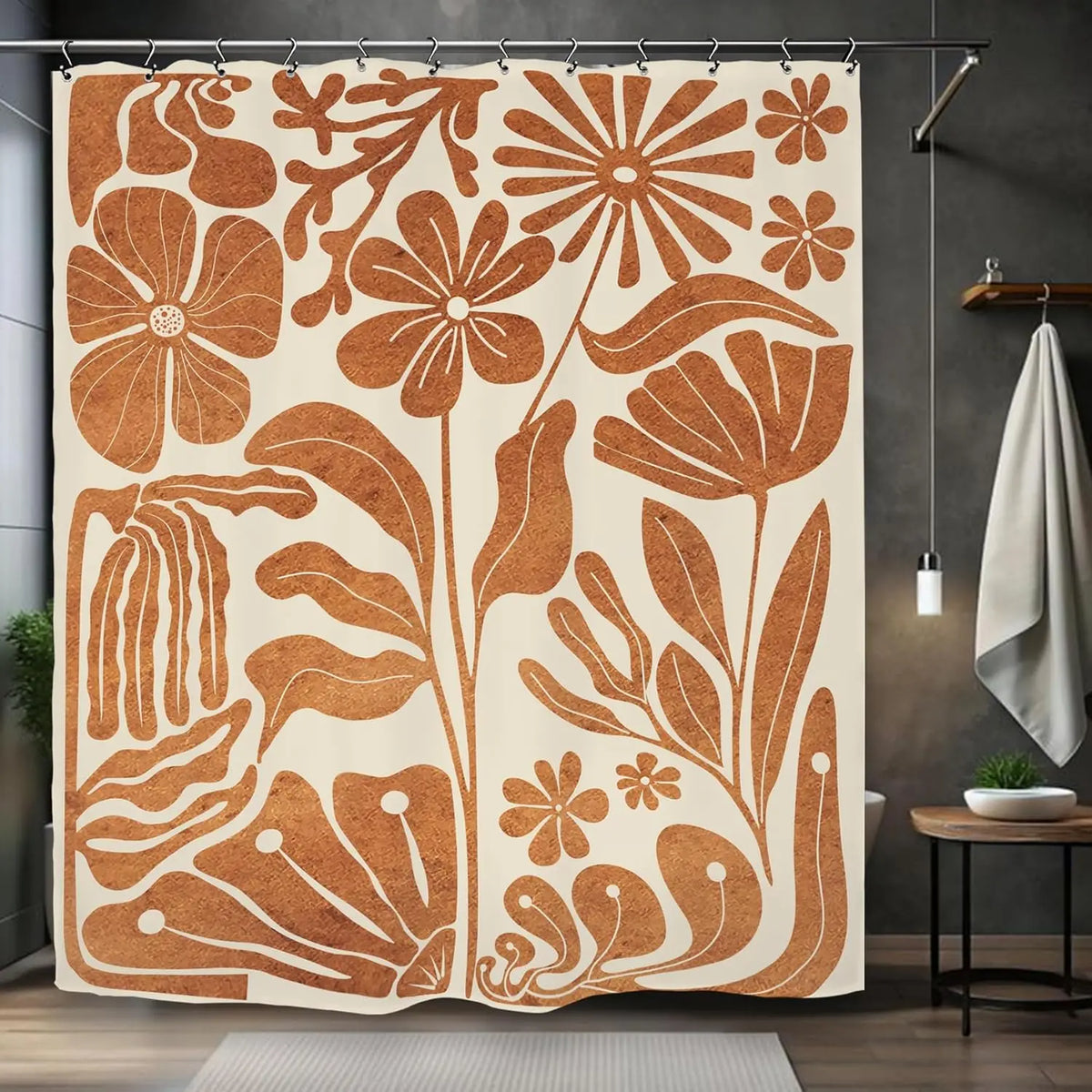 rideau douche moderne fleurs stylisées beige marron opaque polyester 180x200cm decoration bain