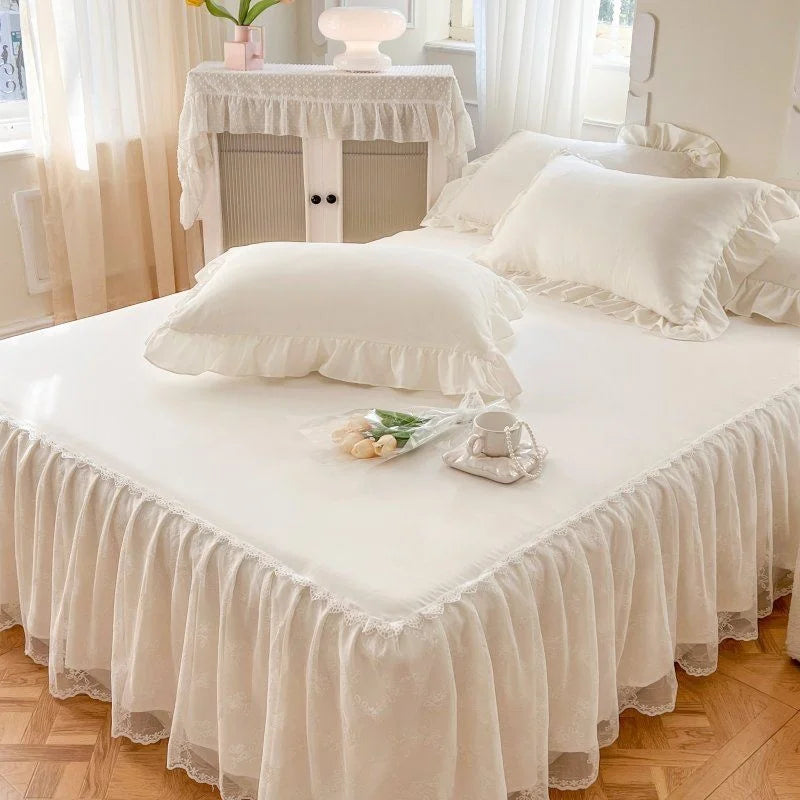 jeu lit dentelle blanche drap plat jupe lit taie oreiller romantique