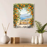 impression toile paysage méditerranéen arche feuilles oranges vue mer aquarelle sans cadre
