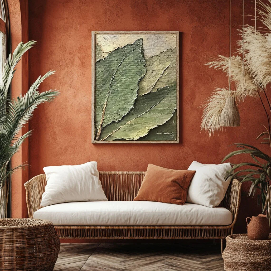 tableau mural toile feuilles botaniques impression texturée verte contemporain abstrait décoration maison vert beige