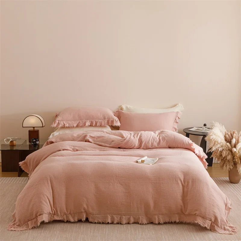 parure lit coton blanc cassé texture froissée housse couette drap taies oreiller