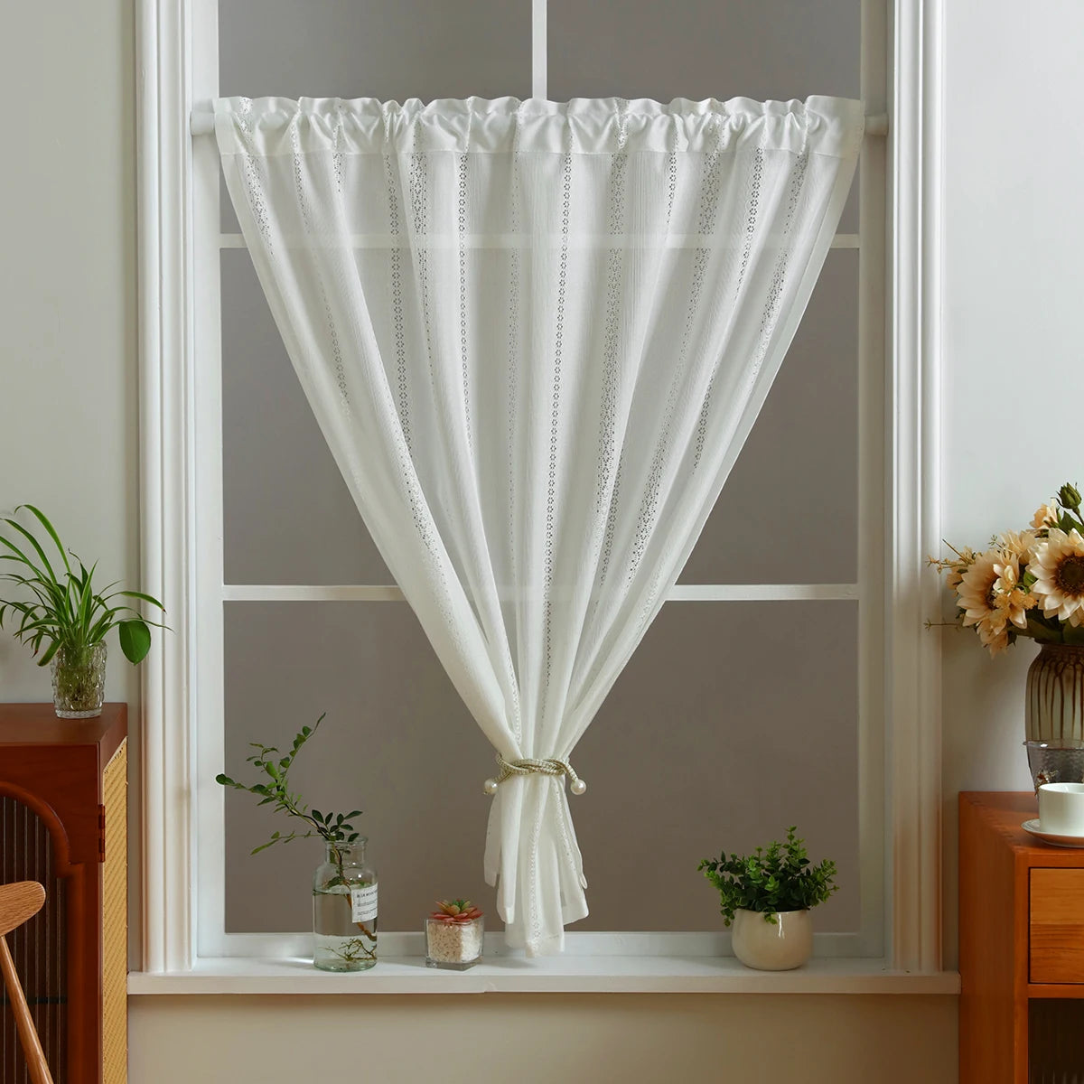 rideau blanc moderne translucide points noirs ruban fixation polyester maison officehôtelcafétaille132x80cm