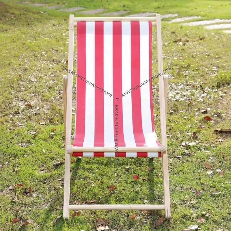 chaise longue pliable bois massif toile rayée plateau d'appoint plage