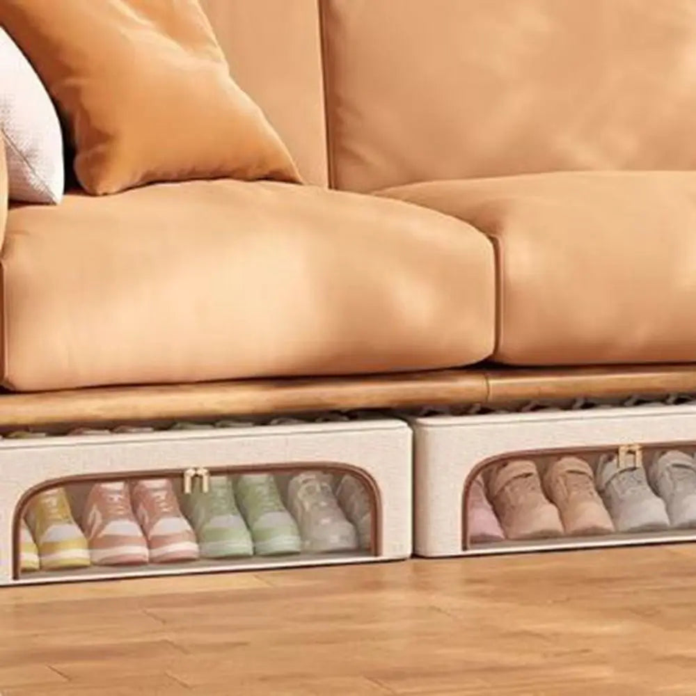 boîte chaussures beige toile transparente moderne poignées cuir rangement sous lit rechargeable articles divers
