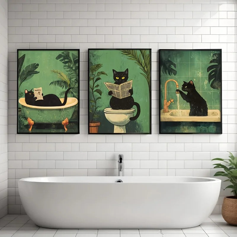 toile d'art moderne chats illustration verte noir salle bain décoration intérieure sans cadre setSize