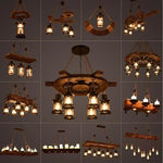 suspension lumineuse bois rustique verre translucide vintage industriel chaînes métalliques ampoules filament