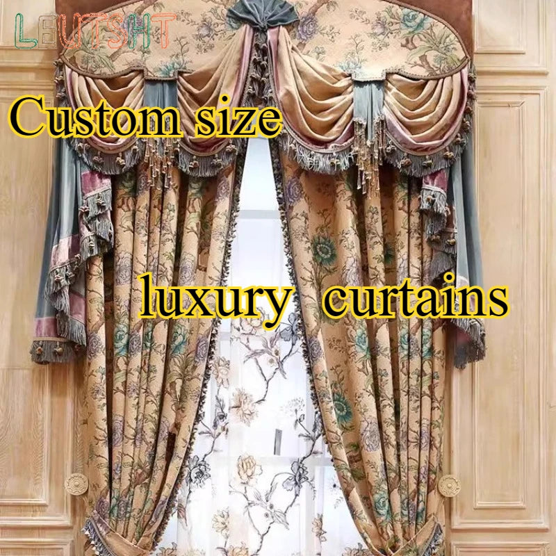 rideau luxe imprimé floral fleurs feuilles beige vert bleu rose franges dorées salon
