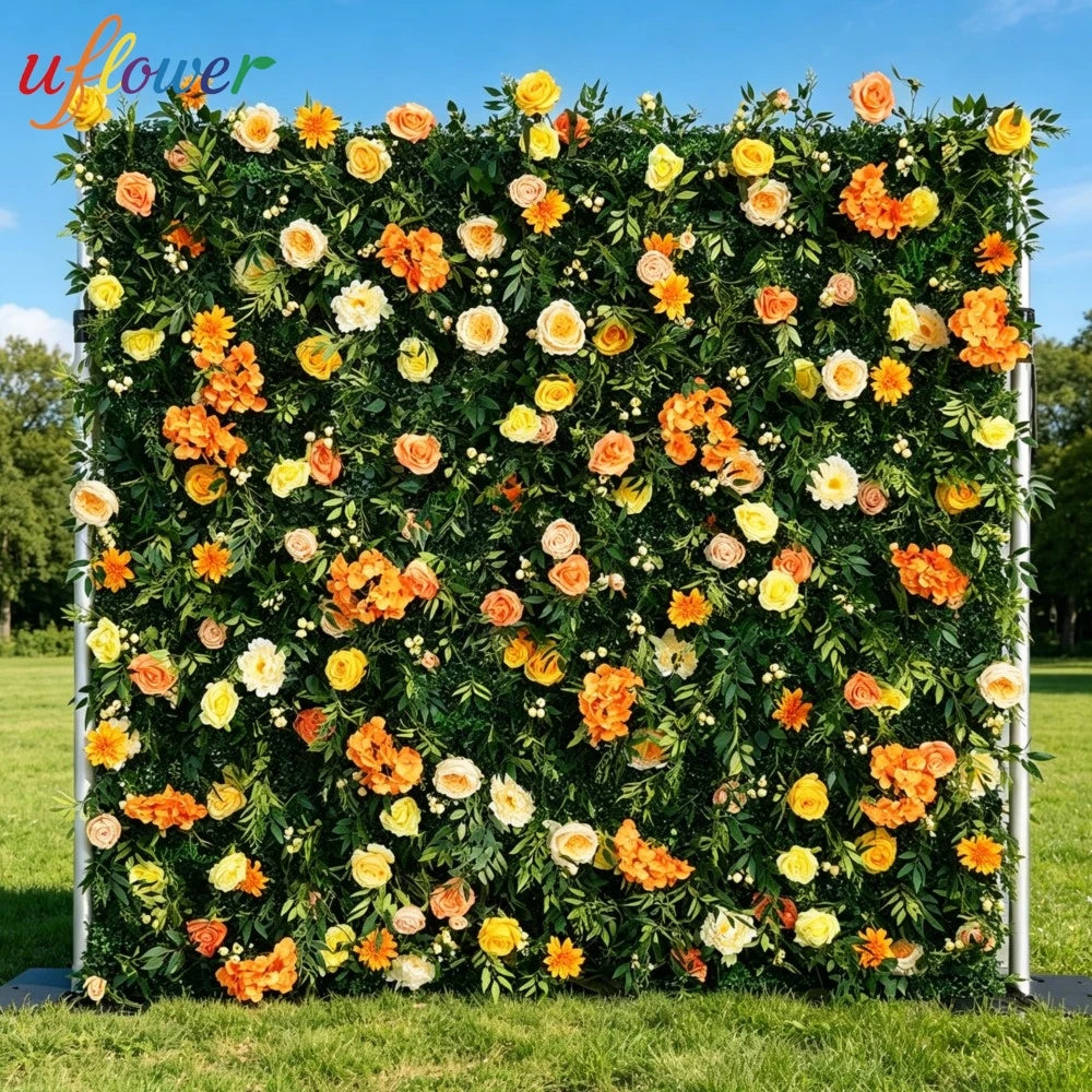 panneau floral décoration événementiel intérieur vert orange roses feuilles texturées fixations charnières événements decoration