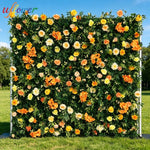panneau floral décoration événementiel intérieur vert orange roses feuilles texturées fixations charnières événements decoration
