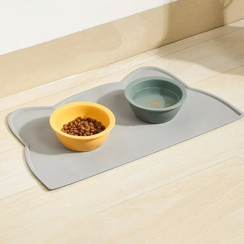 tapis animal compagnie gris bleu rose forme chat moderne assiettes nourriture eau imperméable laine