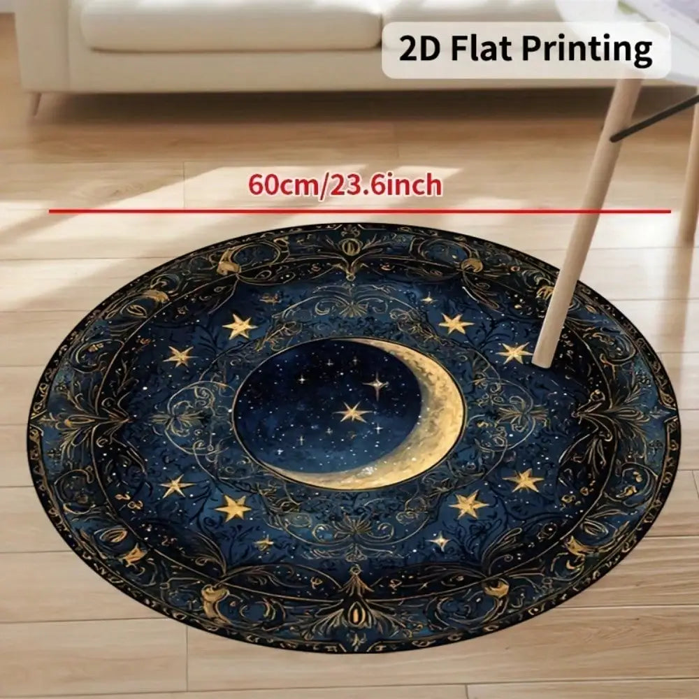 tapis rond bleu nuit étoiles lune art déco polyester lavable salon chambre entrée